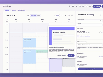 Zoom integration with Outreach calendar after effect animation calendar calendar integration figma figma motion guide meetings minimal motion graphic product guide product promotion sales video conferencing zoom