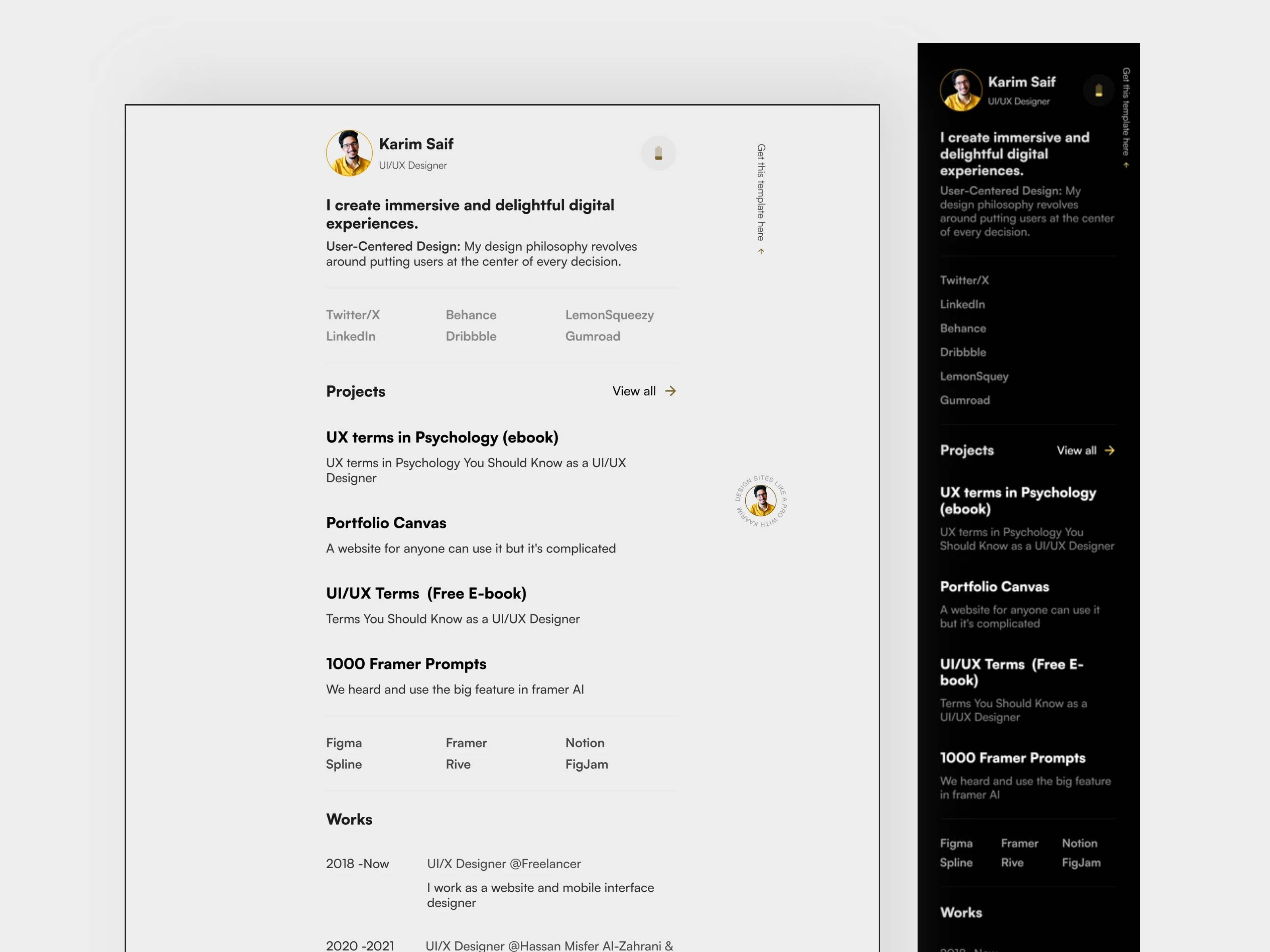 Minimal Mobfolio Portfolio Dark/light Mode 3d animation branding design framer graphic design illustration mini minimal mobfolio portfolio template u ui ui design uidesign uiux uiux design user experience user interface design userinterface web design