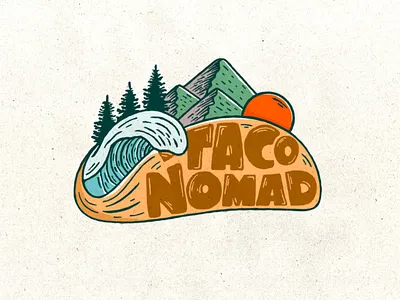 Taco Nomad Logo concept design forest graphic design illustration logo mountain nomad nomad illustration nomad logo nomade ocean outline sun surfing taco taco logo taco nomad travel logo wave