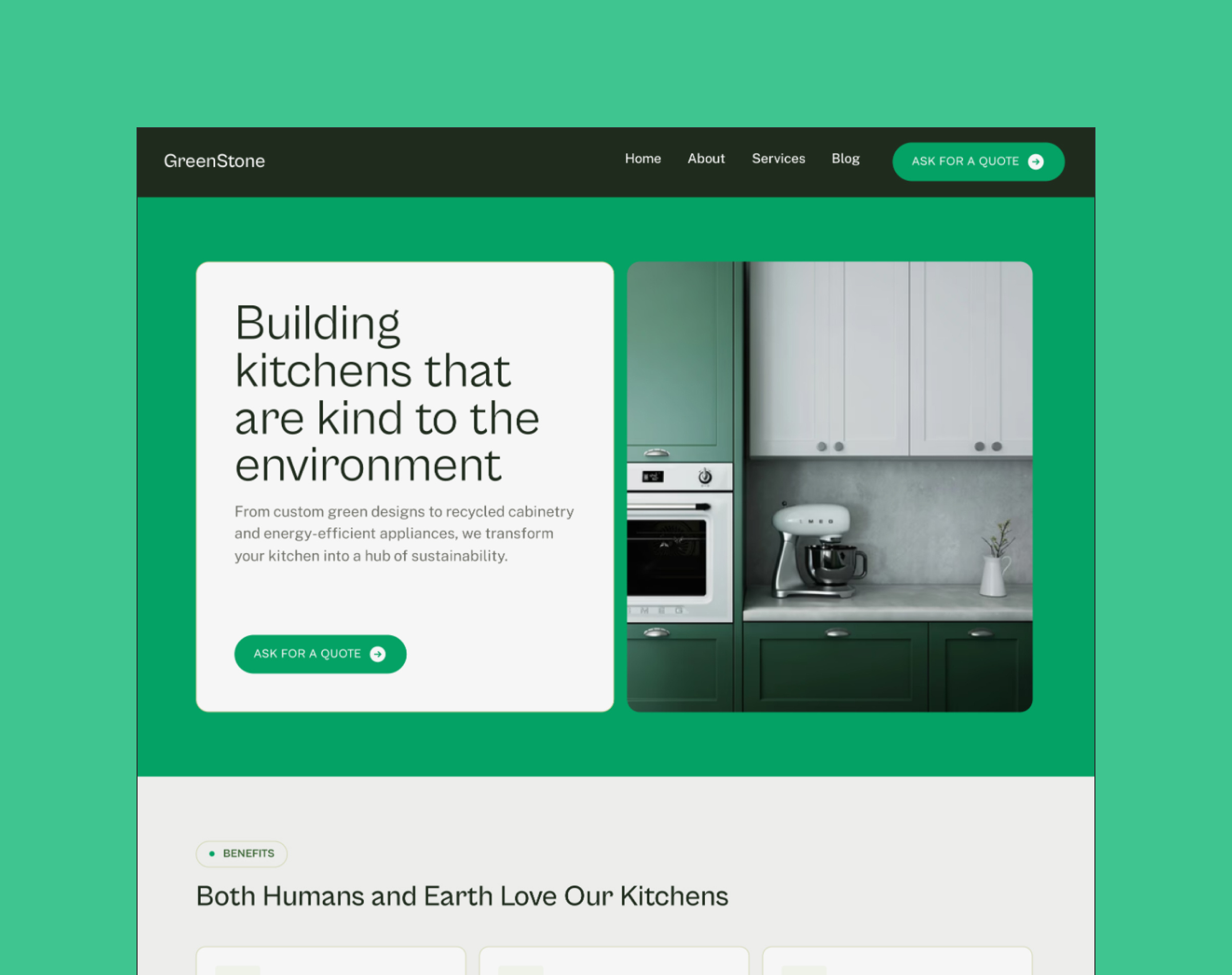 GreenStone — Free Framer Template for Construction Companies construction design eco friendly environment framer framer website free template interior design kitchen no code development real estate sustainability ui website design