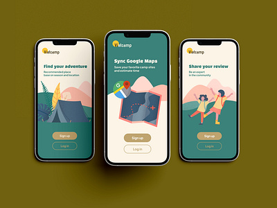 Camping App Walkthough Screen graphic design phone app ui