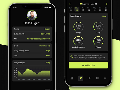 Calorie management - mobile app design app application black calendar calories creative design diagram food healthy life meals menu prototype sport tracking ui ux wellbeing yellow