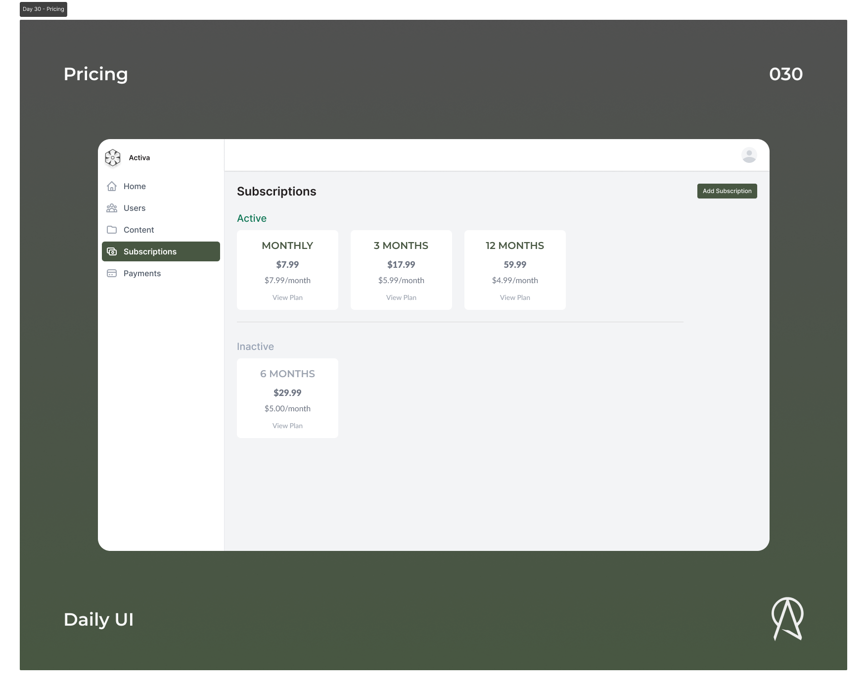 Daily UI - Subscription/Pricing admin panel app branding design illustration logo minimal typogaphy ui ui design uiuxdesign uxdesign web app web design web layout website design