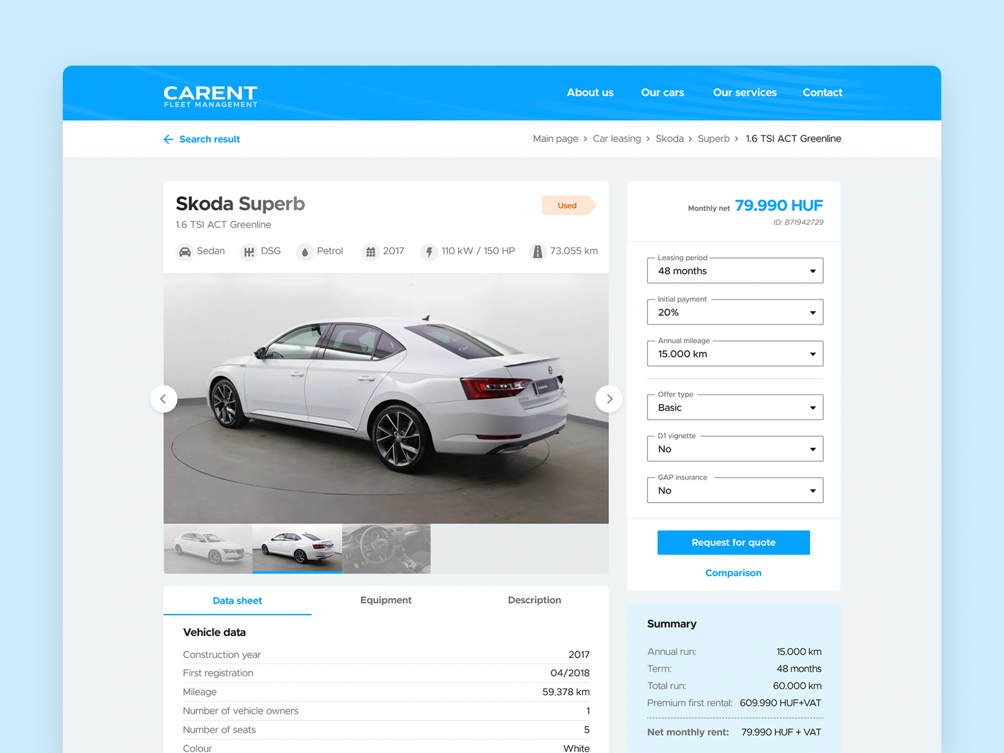Carent website car data sheet car leasing clean fleet management material design web design website