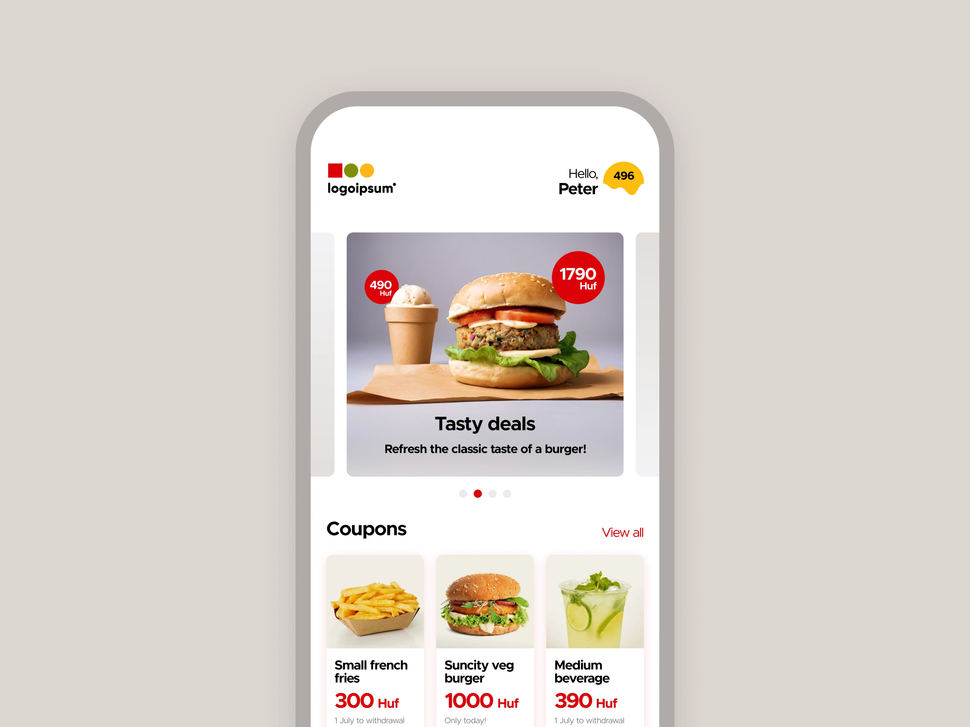Fast-food app application clean fast food hamburger home screen light mobile app restaurant ui design