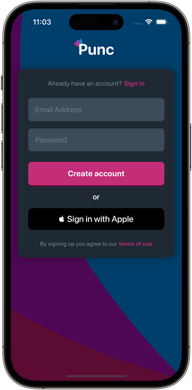 Mockup of sign-up page design on iPhone