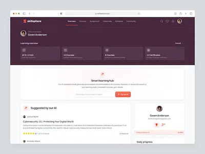 Skillsphere: E-Course Platform Dashboard Saas Web App - Overview ai ai enhanced app design artificial intelligence dashboard e course e learning ecourse elearning homepage leaderboard learning platform overview product design rating saas ui design uiux ux design web app