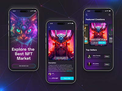 🚀 NFT Marketplace- A Radiant Revolution in Digital Art app applicationdesign design mobileapp mobileapplication neoneffect neonethememobileapp neonthemeapp nft nftmarketplace nftmarketplaceapp ui uidesigns uiuxdesign ux