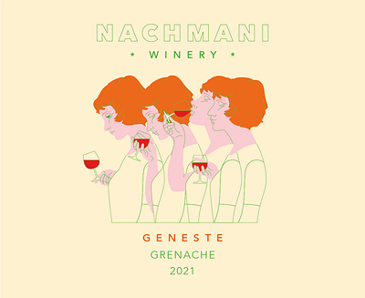 Nachmani Winery "Geneste" Wine Label alcohol branding delicate design drinking emotional flat design flat illstration graphic design grenache illustration label label design packaging red head red wine wine wine label winery woman