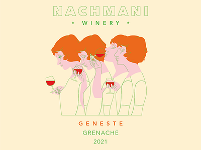 Nachmani Winery "Geneste" Wine Label alcohol branding delicate design drinking emotional flat design flat illstration graphic design grenache illustration label label design packaging red head red wine wine wine label winery woman