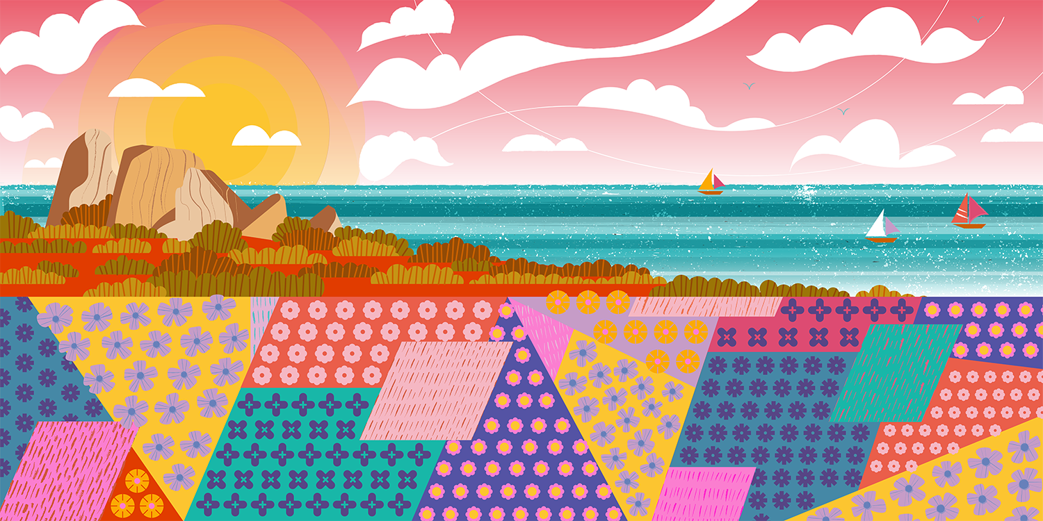 West Coast National Park bushes clouds flowers illustration ocean rocks sun sunset wildflowers