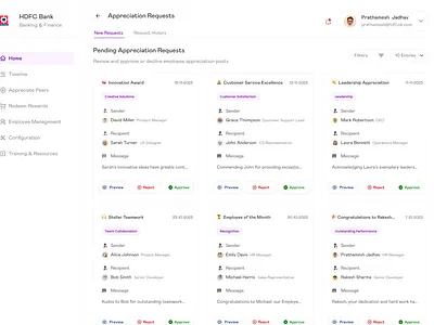 New Appreciation Requests app design employee management minimal rewards ui web design website