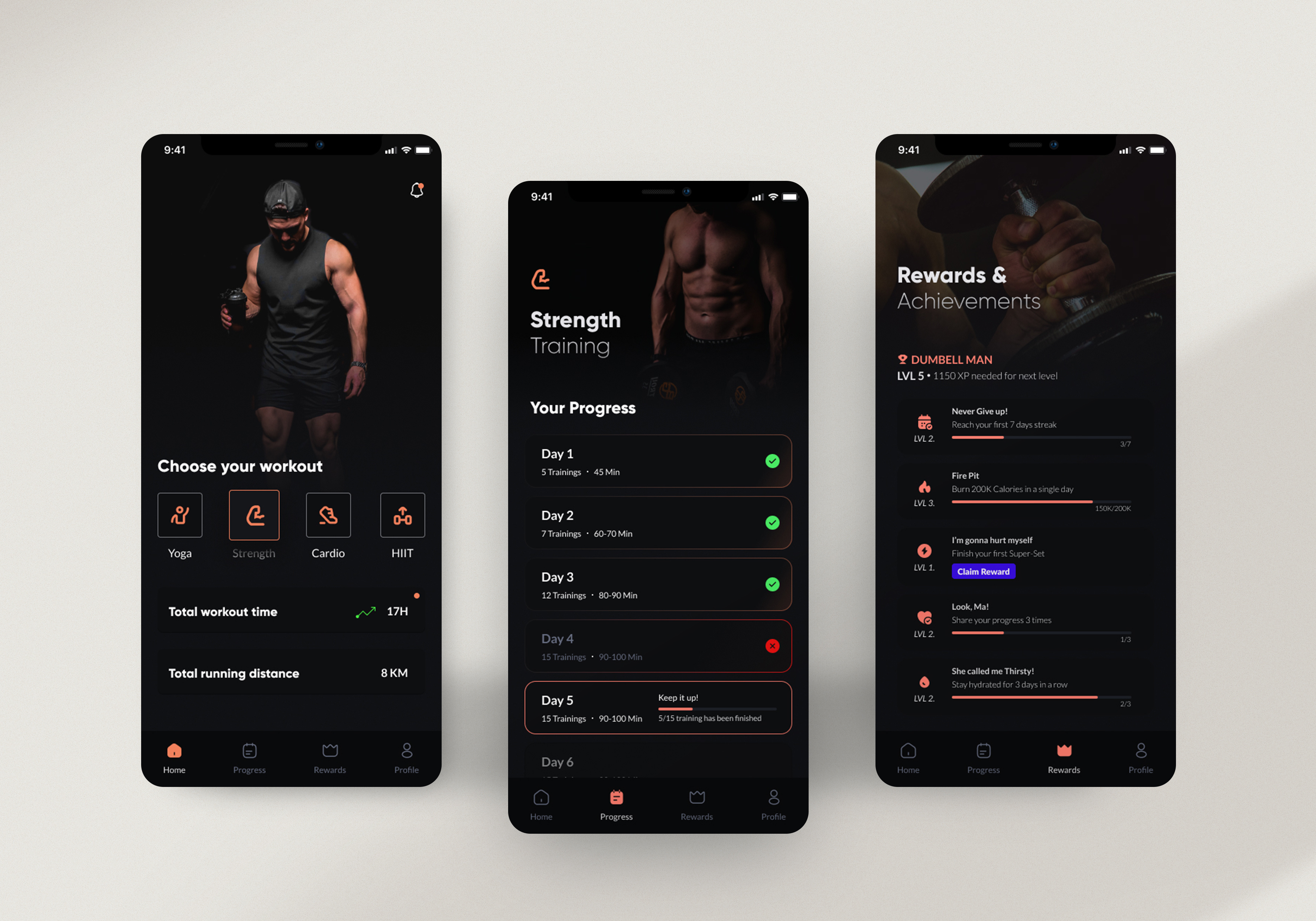 Fitto // Fitness but gamified app design application best dark ui design dumbell fitness gamification gamified gym health inspiration ios iphone minimal progress trend ui uiux workout