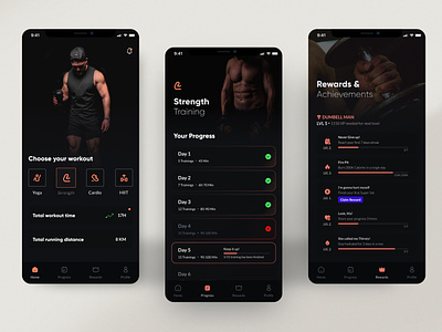 Fitto // Fitness but gamified app design application best dark ui design dumbell fitness gamification gamified gym health inspiration ios iphone minimal progress trend ui uiux workout