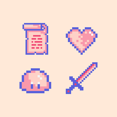 Pixel Art Gaming Items cute game assets gaming gaming ui heart icons items pink pixel pixel art purple scroll slime sword