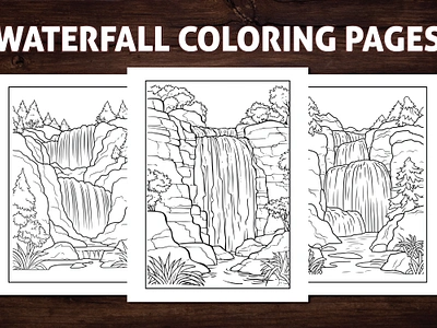 Waterfall Scenery Coloring Pages for Adults activitybook adult coloring book adult coloring page adult illustration amazon kdp amazon kdp book design book cover coloring book coloring book page coloring page coloring pages design graphic design illustration kdp line art ui waterfall illustration