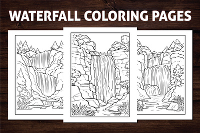 Waterfall Scenery Coloring Pages for Adults activitybook adult coloring book adult coloring page adult illustration amazon kdp amazon kdp book design book cover coloring book coloring book page coloring page coloring pages design graphic design illustration kdp line art ui waterfall illustration