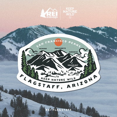 REI Co-op Flagstaff | San Francisco Peaks arizona branding collection design forest graphic art graphic design hand drawn illustration logo merch merchandise design mountain nature outdoor outdoors print design product design snow sticker