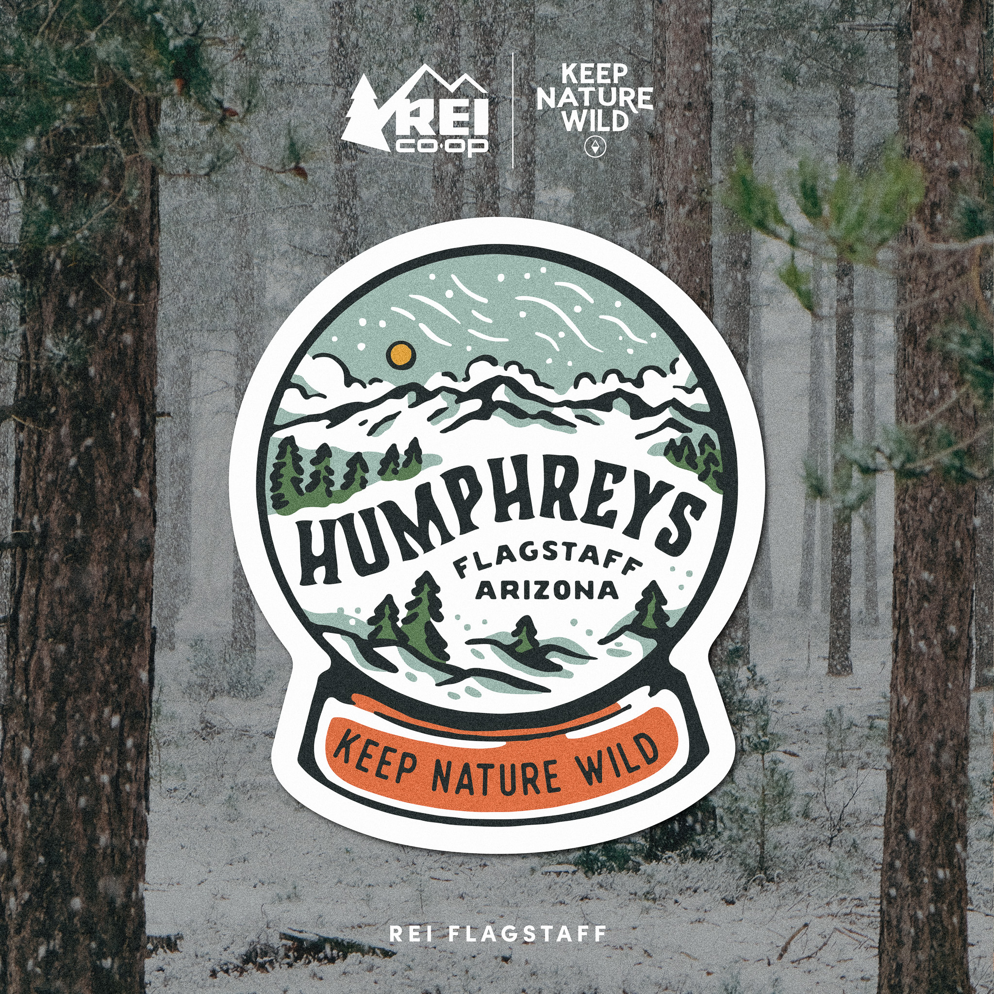 REI Co-op Flagstaff | Humphreys' Snow Globe arizona branding christmas collection graphic art graphic design hand drawn holiday illustration logo merch merchandise design nature outdoor outdoors print design product design snow sticker vintage