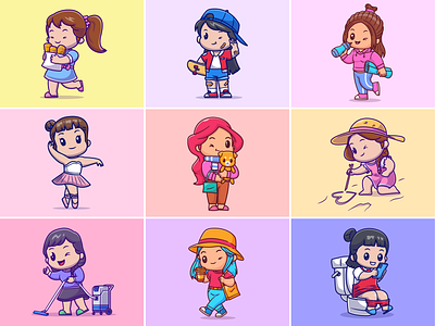 Girl Characters👩🏻🧸🎀 activity ballet beach bread character cleaning cute doll fashion girl hobby icon illustration logo people phone shopping skateboard style woman