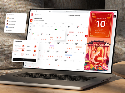 Celestial Seasons: Dashboard 📅 calendar chinese clean dashboard design desktop dragon illustration management meetings new year orely productivity red task team ui ux webapp webdesign