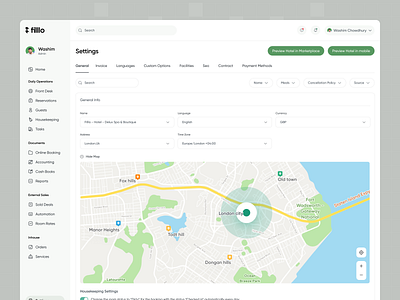 Hotel Management - Settings admin booknow bookwithease hotel hotelexperience hotelmanagement hotelorders hotelsettings intuitivesettings location management map saas ui ux vacation webapp webdesign