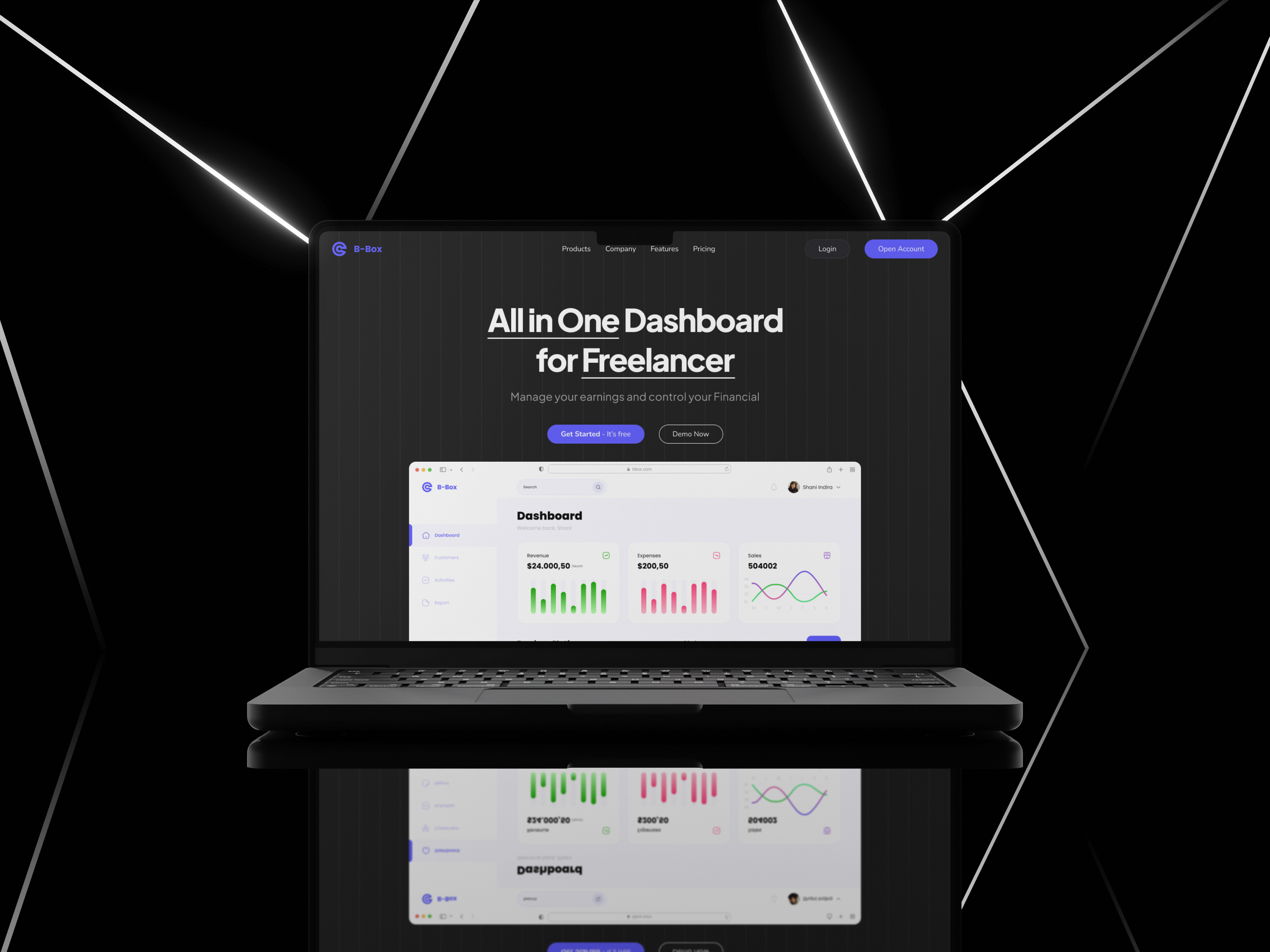 B-Box Landing Page all in one dark mode dashboard freelancer landing page uiux web design web designer
