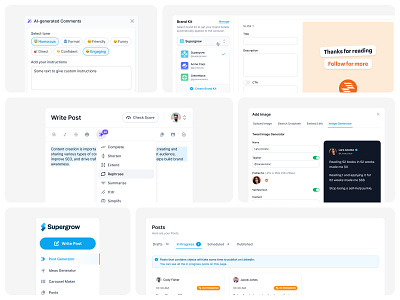 Supergrow — New Features ai comments content editor content writer dashboard image generator navigation post generator posts product saas sidebar ui ui design ux ux design web web app web design write post