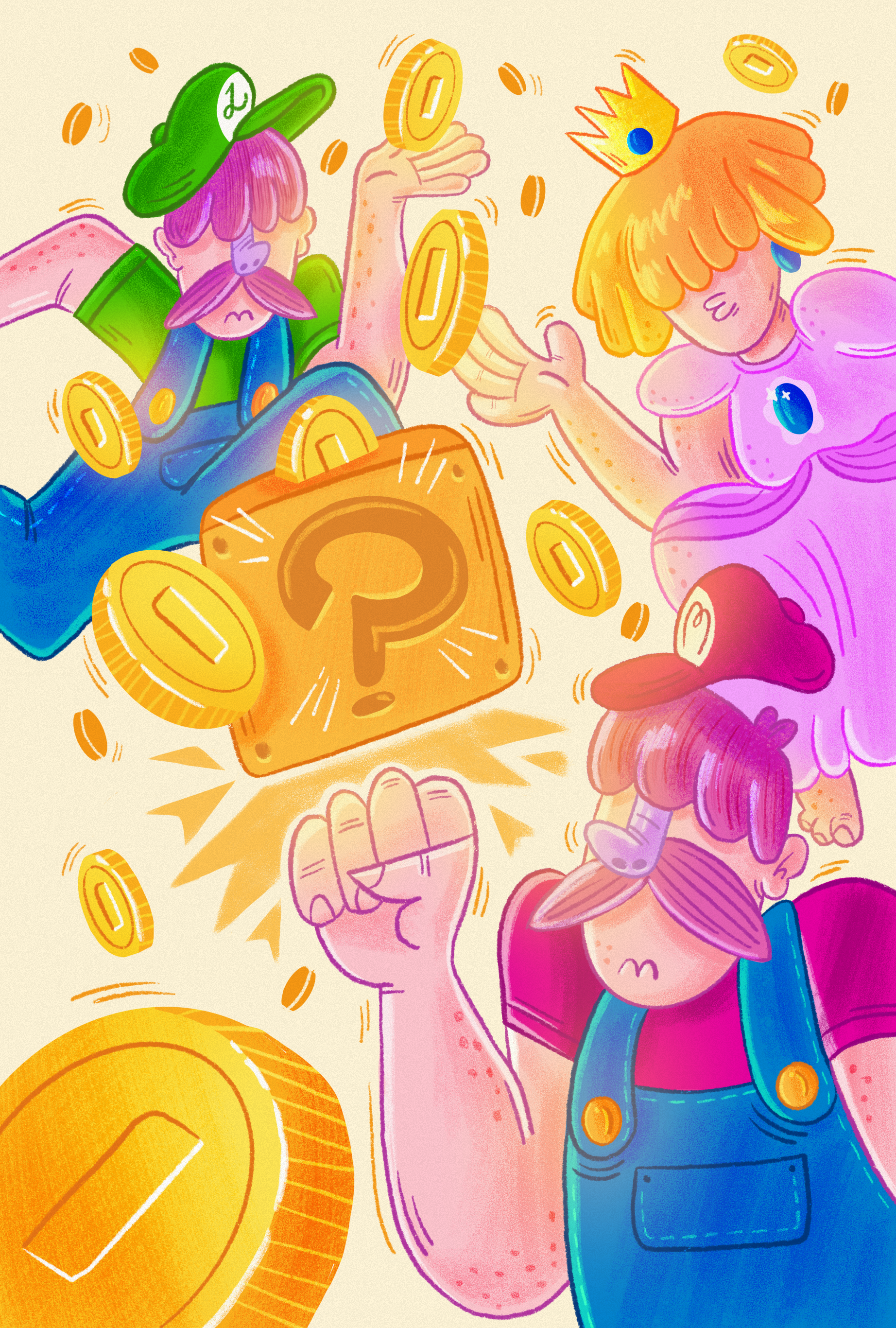 Chase That Chedda cartoon illustration luigi mario nintendo peaches princess peach texture videogame