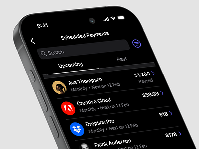 Scheduled Payments Concept app banking banking app clean ui finance app fintech app ios minimal ui mobile banking payment list payments list planned payments list sarjil scheduled payment scheduled payments scheduled payments list scheduled transfer transfers ui ux