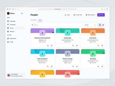 Teams - Employees Engagement App accounts crm dashboard employees engagemenet grid people purple team tiles ui users ux web website