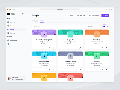 Teams - Employees Engagement App accounts crm dashboard employees engagemenet grid people purple team tiles ui users ux web website