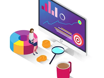 Working Time coffee flat design illustation isometric office vector woman working
