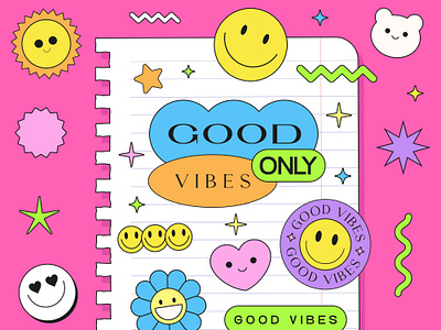 GOOD VIBES ONLY. Y2K GROOVY ILLUSTRATION. POP ART. 2000s 90s abstract art cartoon colorful cool cute design funky geometric illustration pink pop smile sticker trendy ui vector y2k