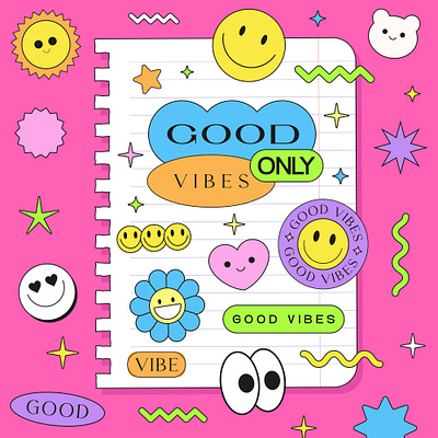 GOOD VIBES ONLY. Y2K GROOVY ILLUSTRATION. POP ART. 2000s 90s abstract art cartoon colorful cool cute design funky geometric illustration pink pop smile sticker trendy ui vector y2k