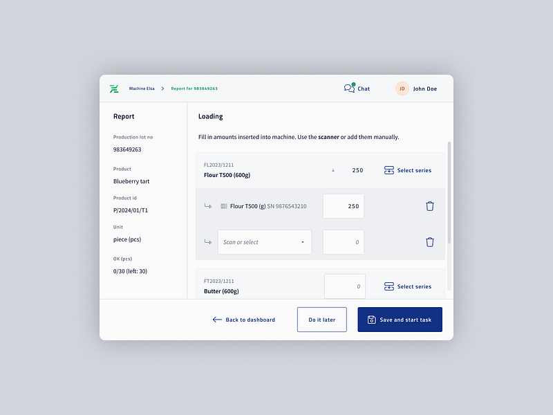 Nexelem - Workstation Report accessability big buttons expand form large size list list component manufacturing process production report split view tree structure ui ux workstation