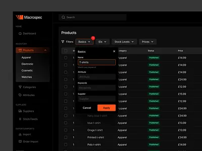 Marospec Dashboard dark dashboard interface list products table ui ux