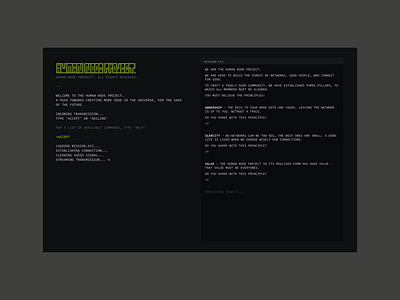 Human Node Project branding code dark design desktop minimal terminal type typography ui ux website