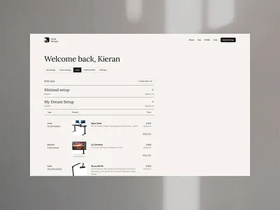 DeskSetups - Profile List design desk desktop list minimal product setups ui ux website wishlist