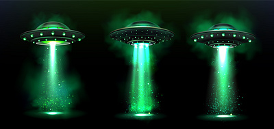 Alien space ships with green light beam 3d design game game design illustration space space ship ufo vector