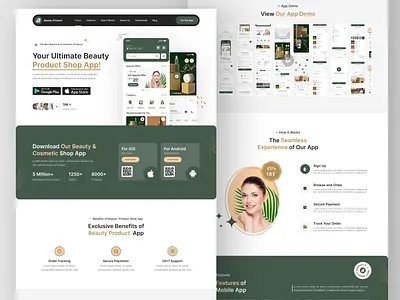 Beauty and Cosmetic Product Shop App Landing Page UI Design app app landing page beauty product app cosmetic product shop design designer figma figma designer figma ui ux designer figma web designer hire ui ux designer landing page skincare uxui web web designer web designer in usa web developer website design wordpress