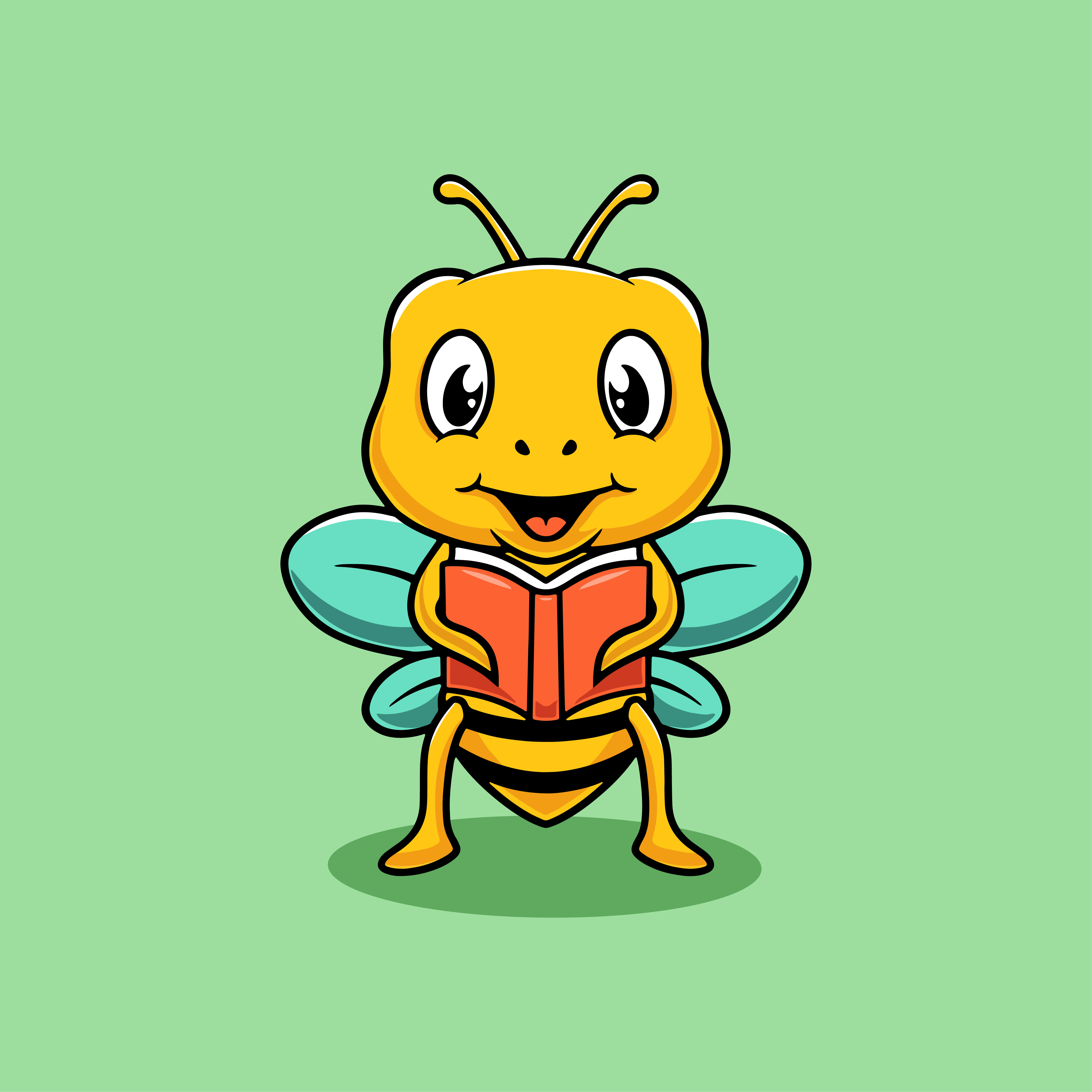Cute bee reading book cartoon illustration branding