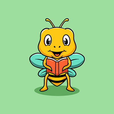 Cute bee reading book cartoon illustration branding