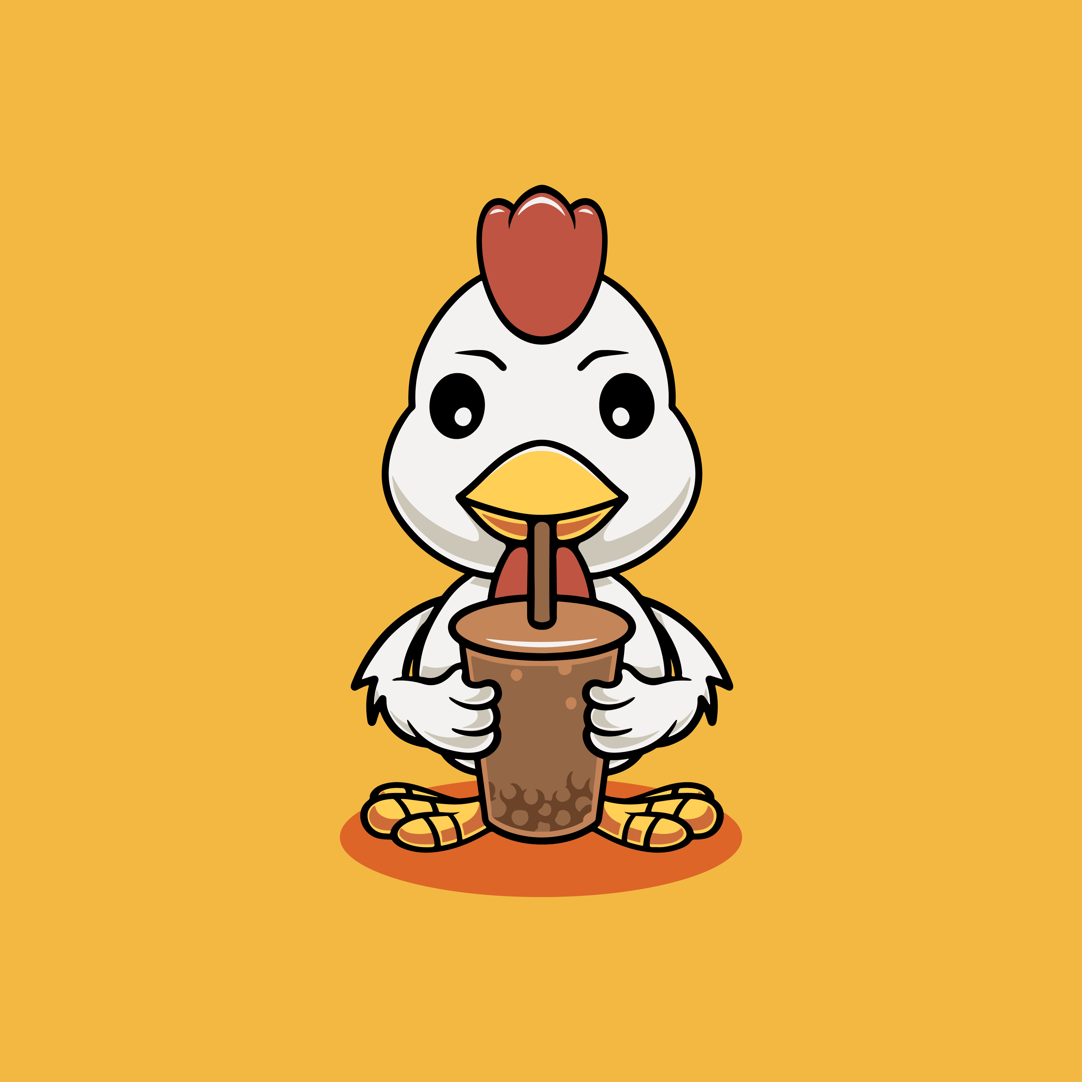 Cute chicken drinking boba cartoon illustration branding