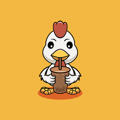 Cute chicken drinking boba cartoon illustration branding