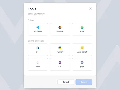 Select tools - Modal card design dialog list menu modal product design saas tools typography ui ux