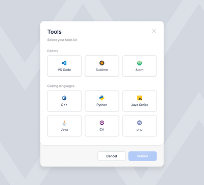 Select tools - Modal card design dialog list menu modal product design saas tools typography ui ux