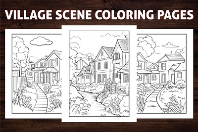 Village Scene Coloring Pages for Adults activitybook adult coloring page amazon kdp amazon kdp book design book cover coloring book coloring page coloring pages concept art design graphic design illustration kdp kdp interior kdp paperback line art village coloring page village scene