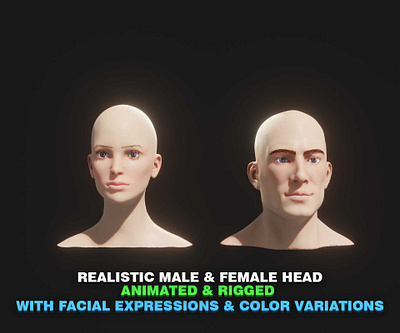 Animated Realistic Male and Female Head 3D Model 3d animated head 3d model animated human head animation facial expressions female head 3d model graphic design head 3d model human head 3d model male head 3d model motion graphics rigged human head