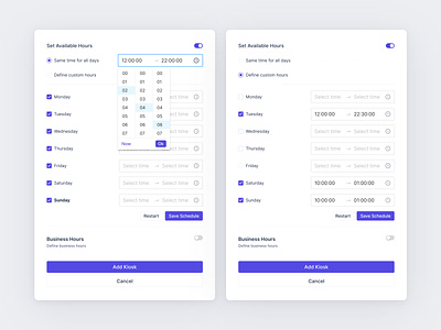 Setup form for kiosk management system add product calendar clean design components form kiosk management kiosk management app kiosk management software kiosk management system management platform management software management system open hours design product design settings setup setup form web app web application